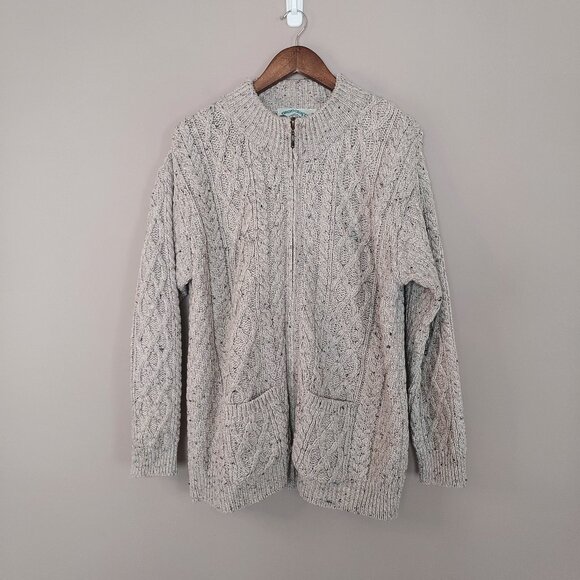 Aran Crafts Men’s Cable Knit Ireland Wool Zip-Up Tan Cardigan Size Large - Picture 1 of 10